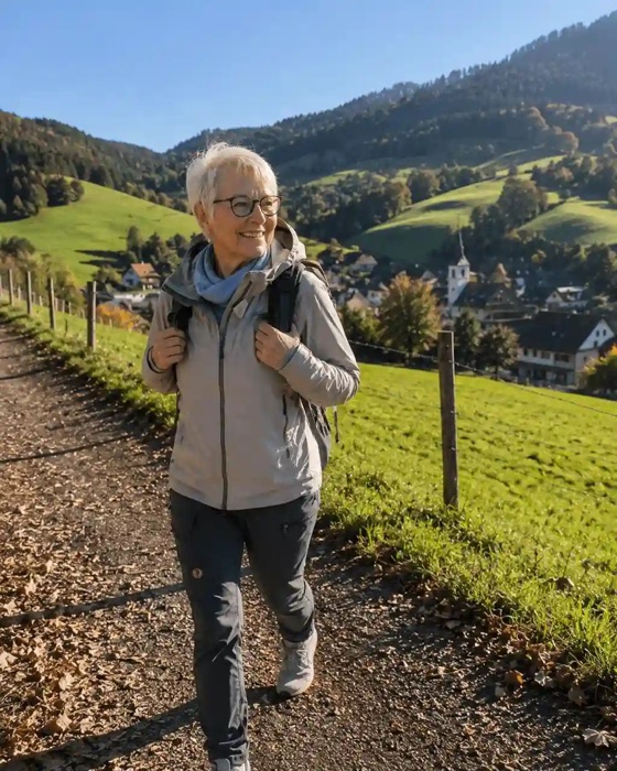 Ältere Frau beim Wandern in der Natur